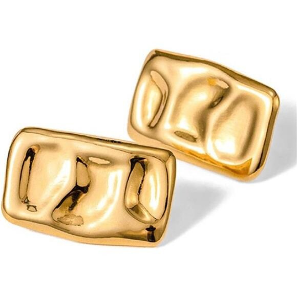 Chunky Geometric Rectangle Earrings – Gold Irregular Studs, Hypoallergenic - Picture 3 of 3